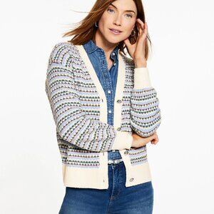Talbots V-Neck Cardigan in Breezy Stripe - Blue/Silver - Petite Medium - NWT